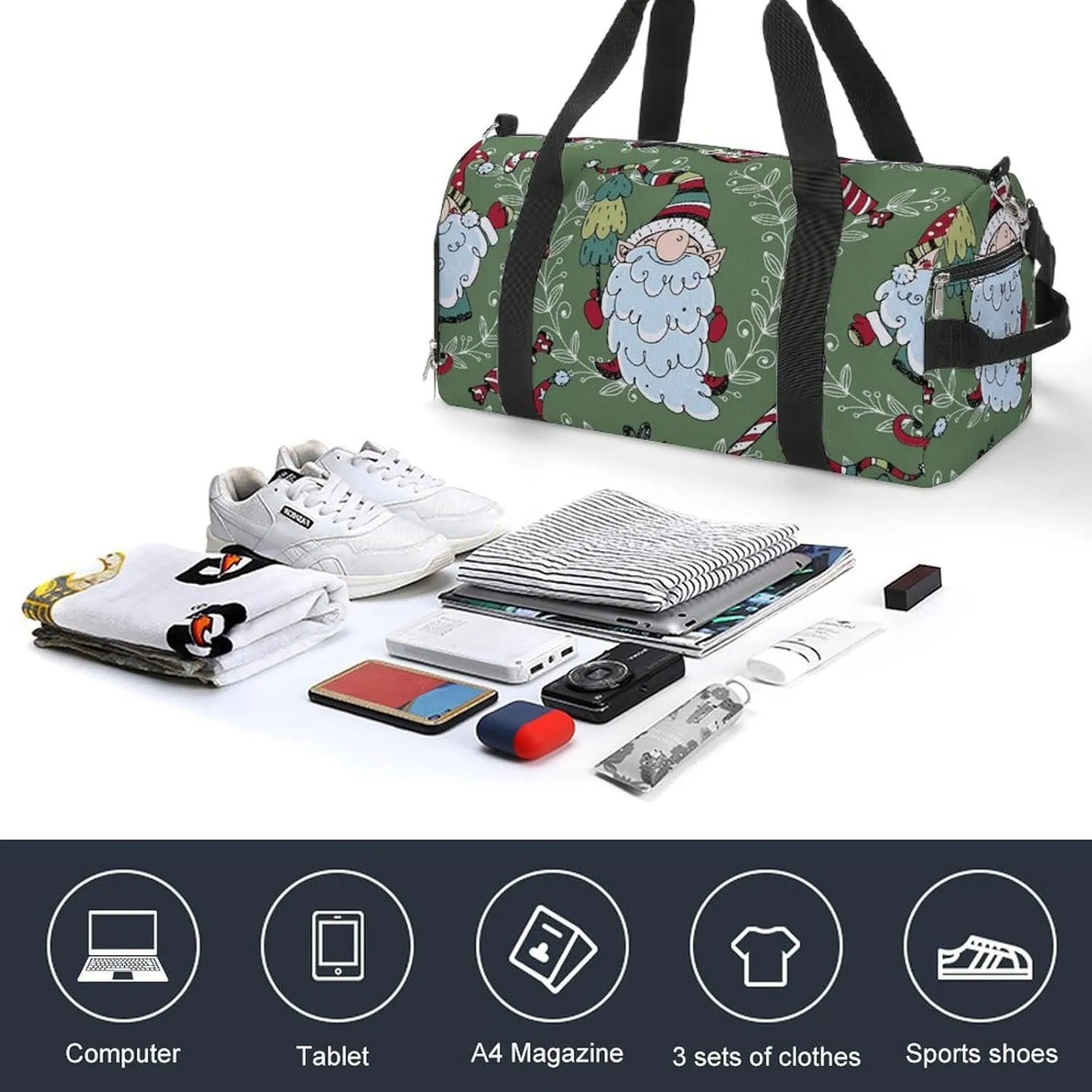 Sport Gym Duffel with Shoe Compartment Wet Pocket, Christmas-pattern-nordic-gnomes Shoulder Travel Bag for Women Men, style-3