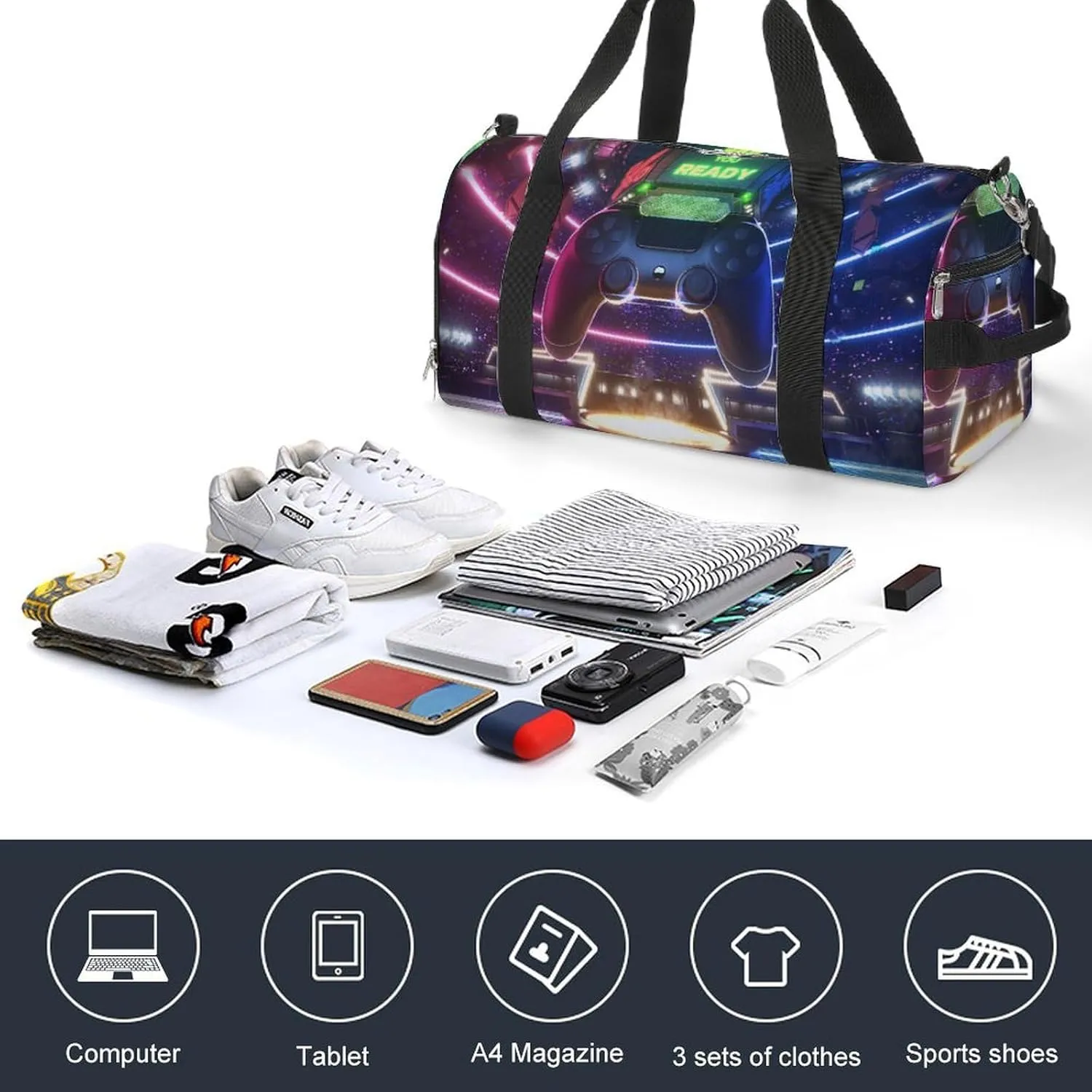 Sport Gym Duffel with Shoe Compartment Wet Pocket, Neon-light-glow-e-sport Shoulder Travel Bag for Women Men