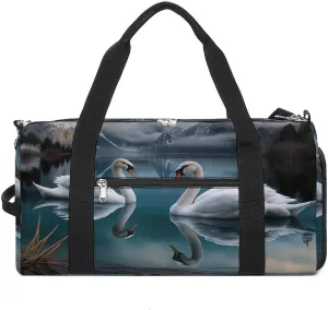 Sport Gym Duffel with Shoe Compartment Wet Pocket, Two-white-swans Shoulder Travel Bag for Women Men
