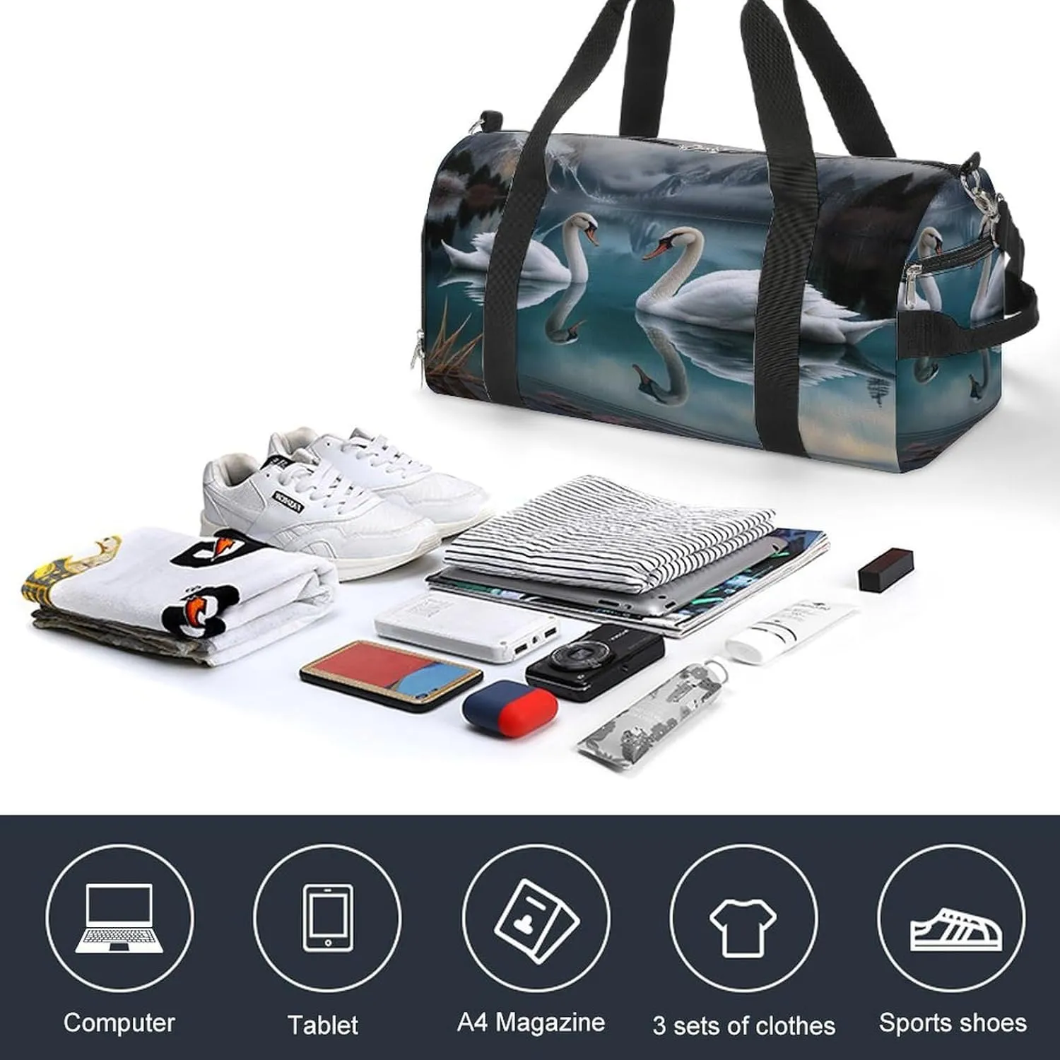Sport Gym Duffel with Shoe Compartment Wet Pocket, Two-white-swans Shoulder Travel Bag for Women Men
