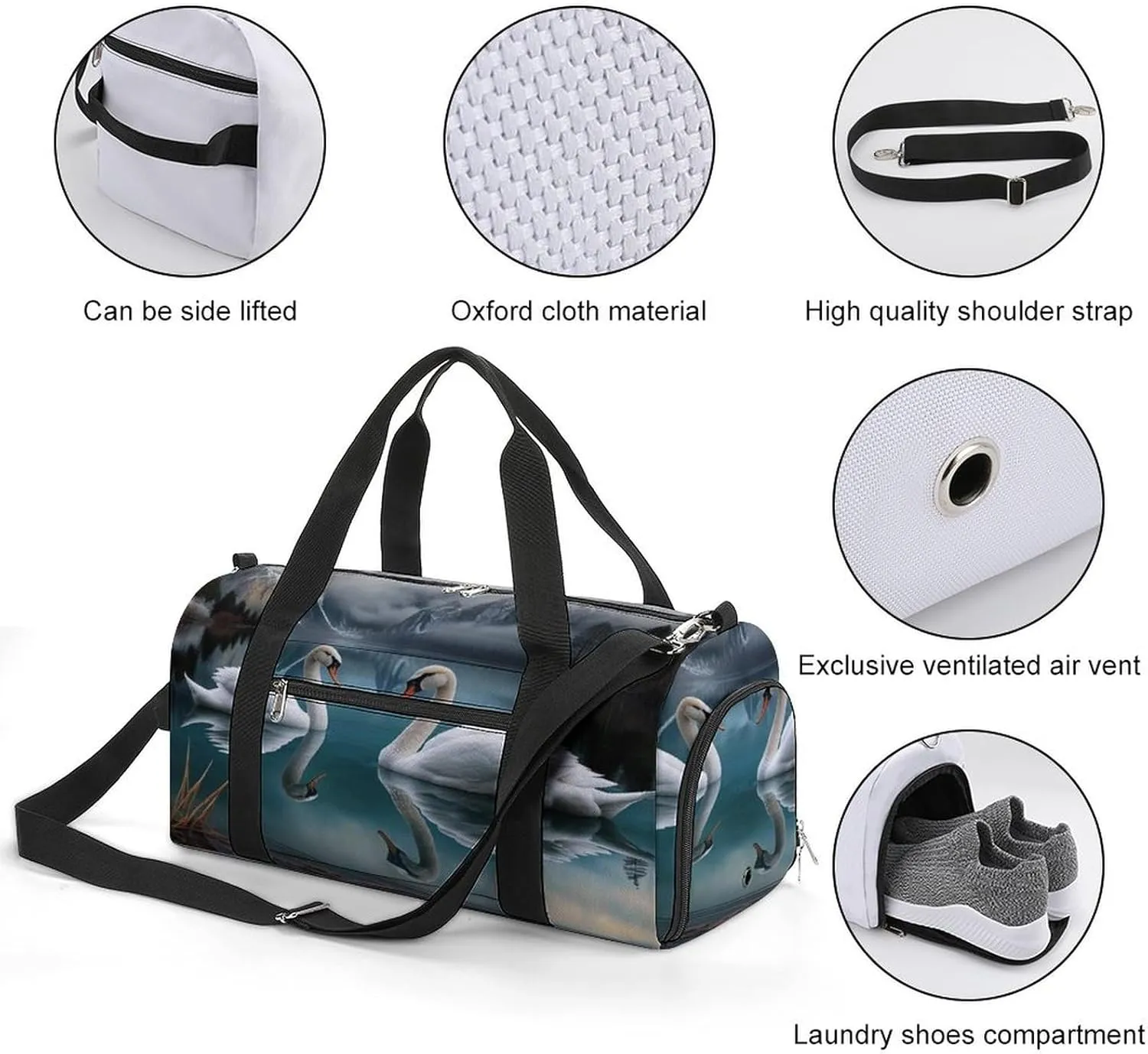 Sport Gym Duffel with Shoe Compartment Wet Pocket, Two-white-swans Shoulder Travel Bag for Women Men