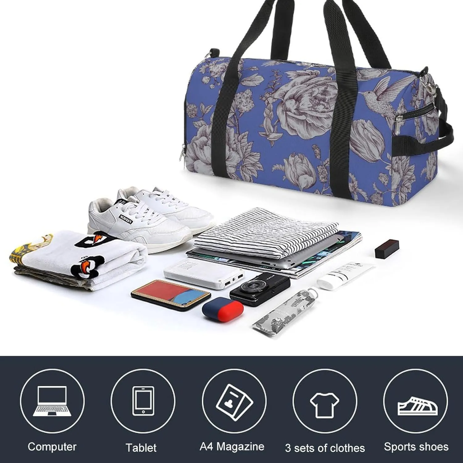 Sport Gym Duffel with Shoe Compartment Wet Pocket, Vintage-pattern-with-roses Shoulder Travel Bag for Women Men, style-1