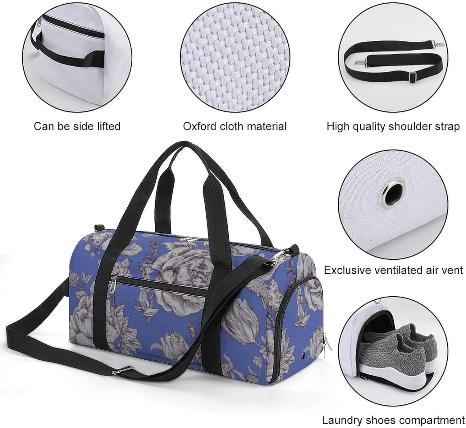 Sport Gym Duffel with Shoe Compartment Wet Pocket, Vintage-pattern-with-roses Shoulder Travel Bag for Women Men, style-1