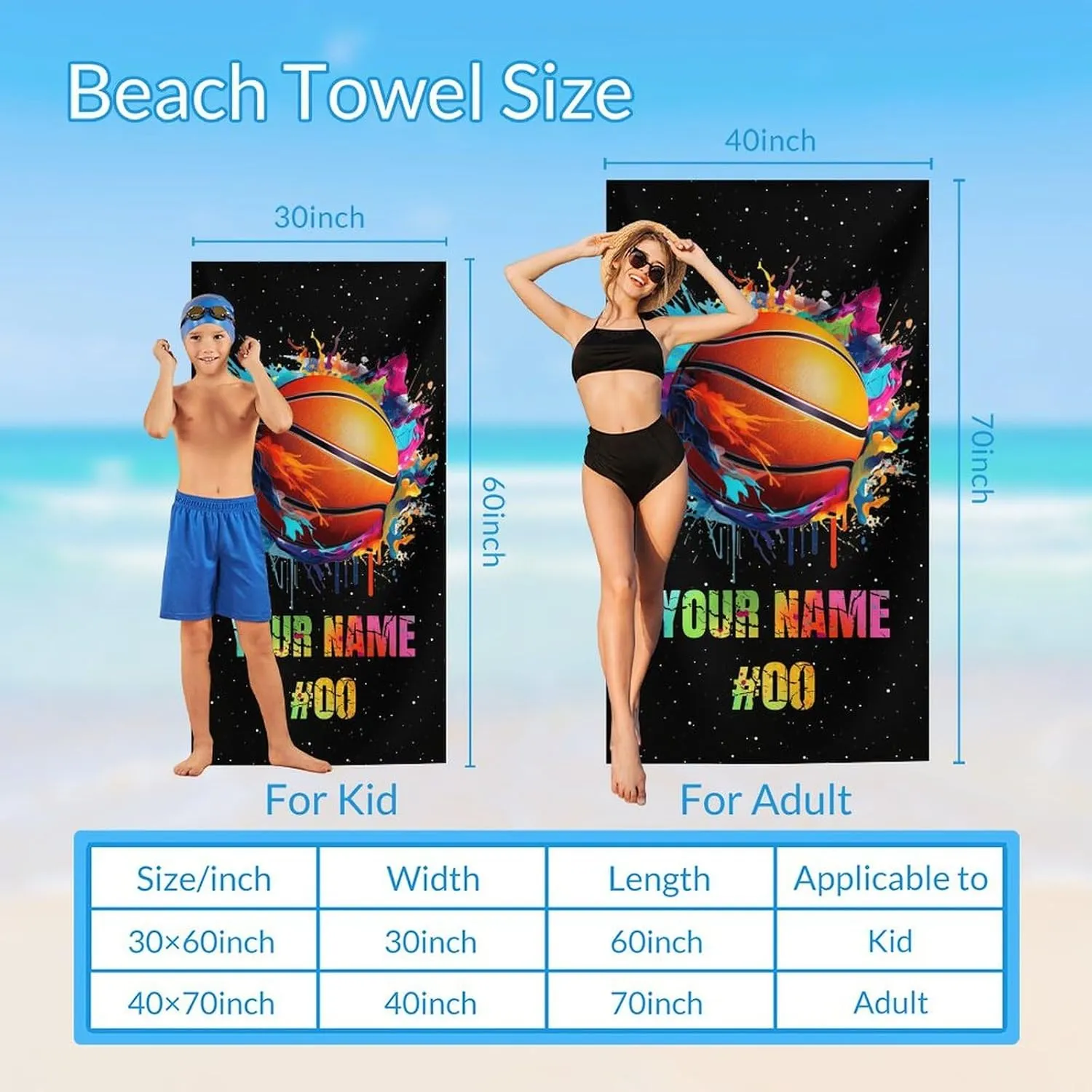 Sports Beach Towels, Personalized Kids Towels with Name, Basketball Beach Essentials for Girls Boys Team Players, Quick Dry, Sand Free, Microfiber (40"x70")