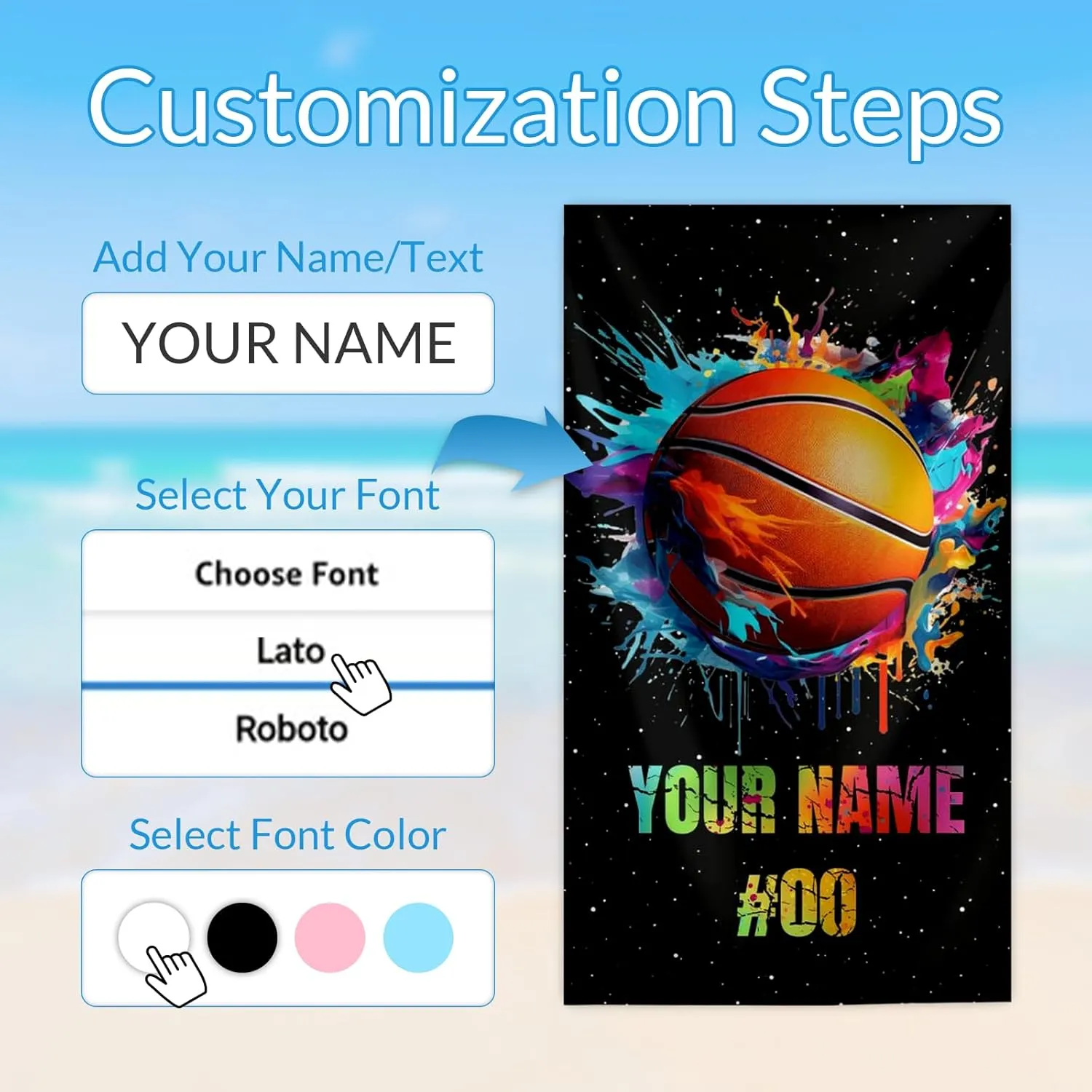 Sports Beach Towels, Personalized Kids Towels with Name, Basketball Beach Essentials for Girls Boys Team Players, Quick Dry, Sand Free, Microfiber (40"x70")