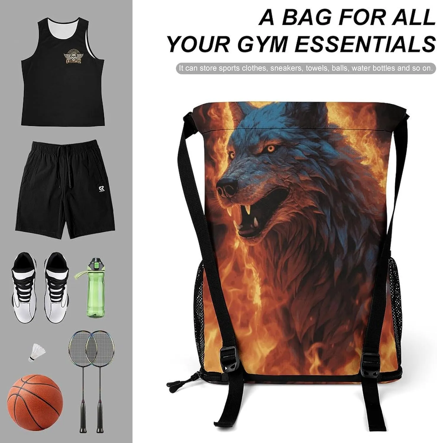 Sports Drawstring Backpack Lightweight Small Gym Bag Wolf Surrounded by Fire Gym Sackpack for Women Men