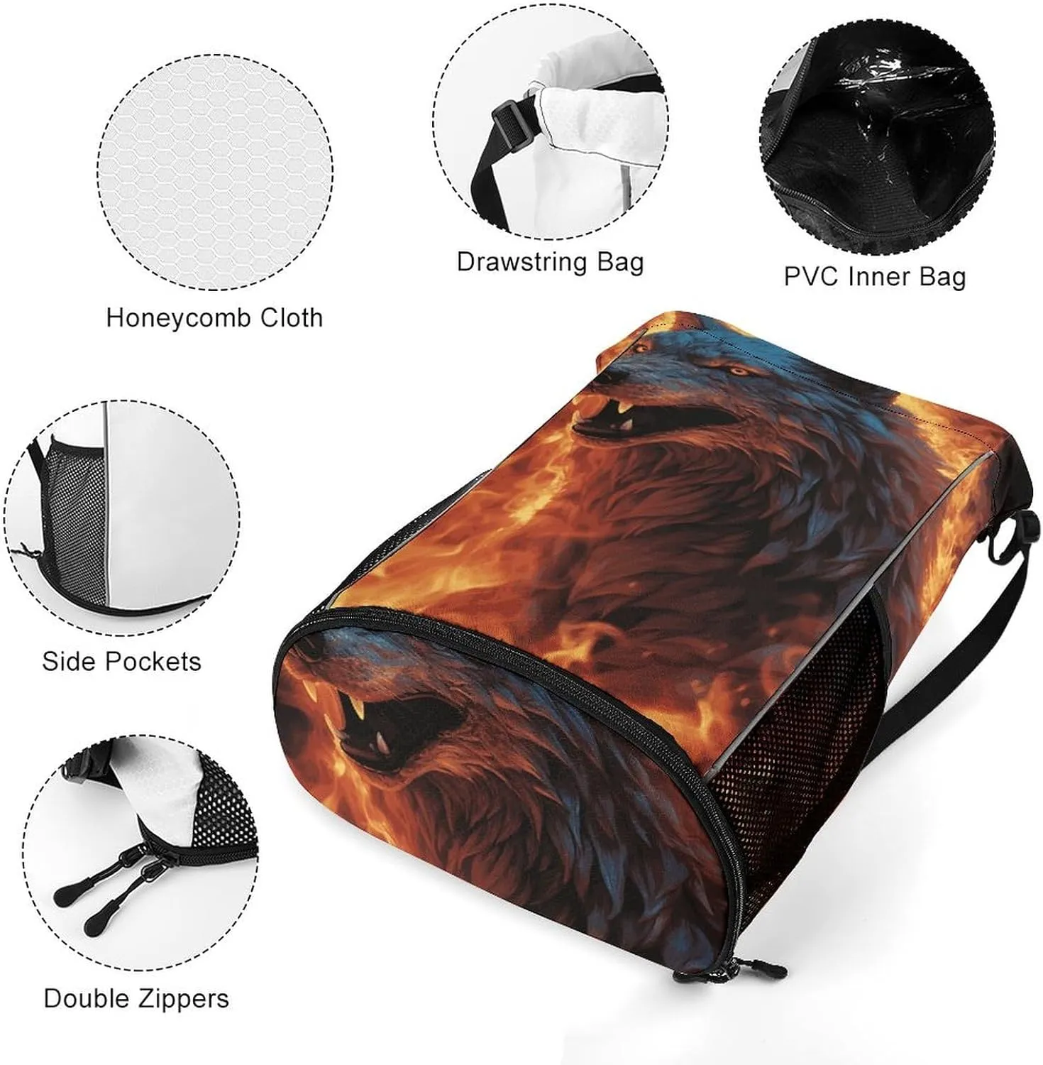 Sports Drawstring Backpack Lightweight Small Gym Bag Wolf Surrounded by Fire Gym Sackpack for Women Men