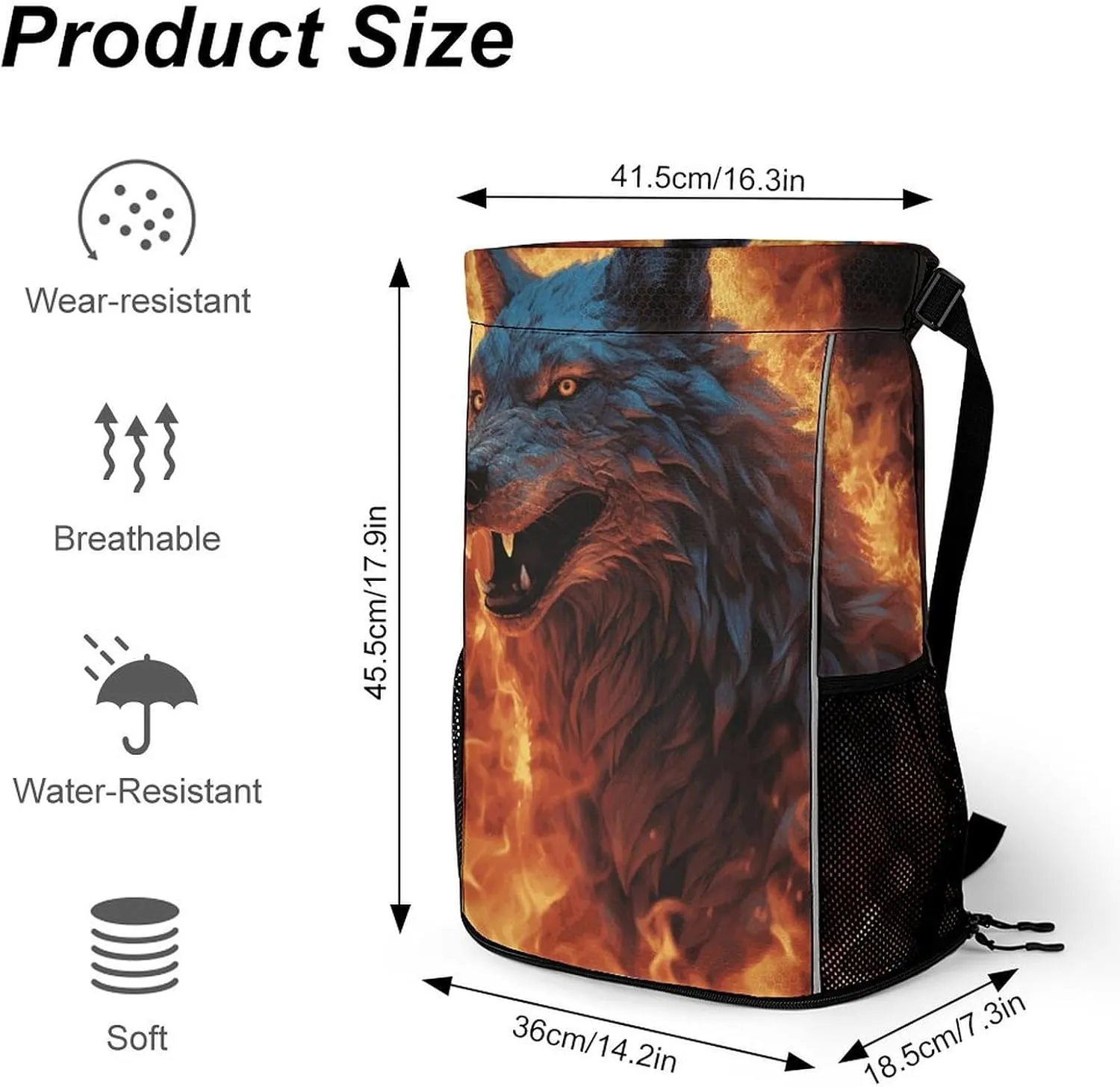 Sports Drawstring Backpack Lightweight Small Gym Bag Wolf Surrounded by Fire Gym Sackpack for Women Men