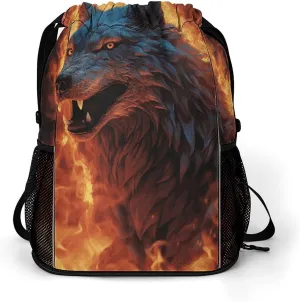 Sports Drawstring Backpack Lightweight Small Gym Bag Wolf Surrounded by Fire Gym Sackpack for Women Men