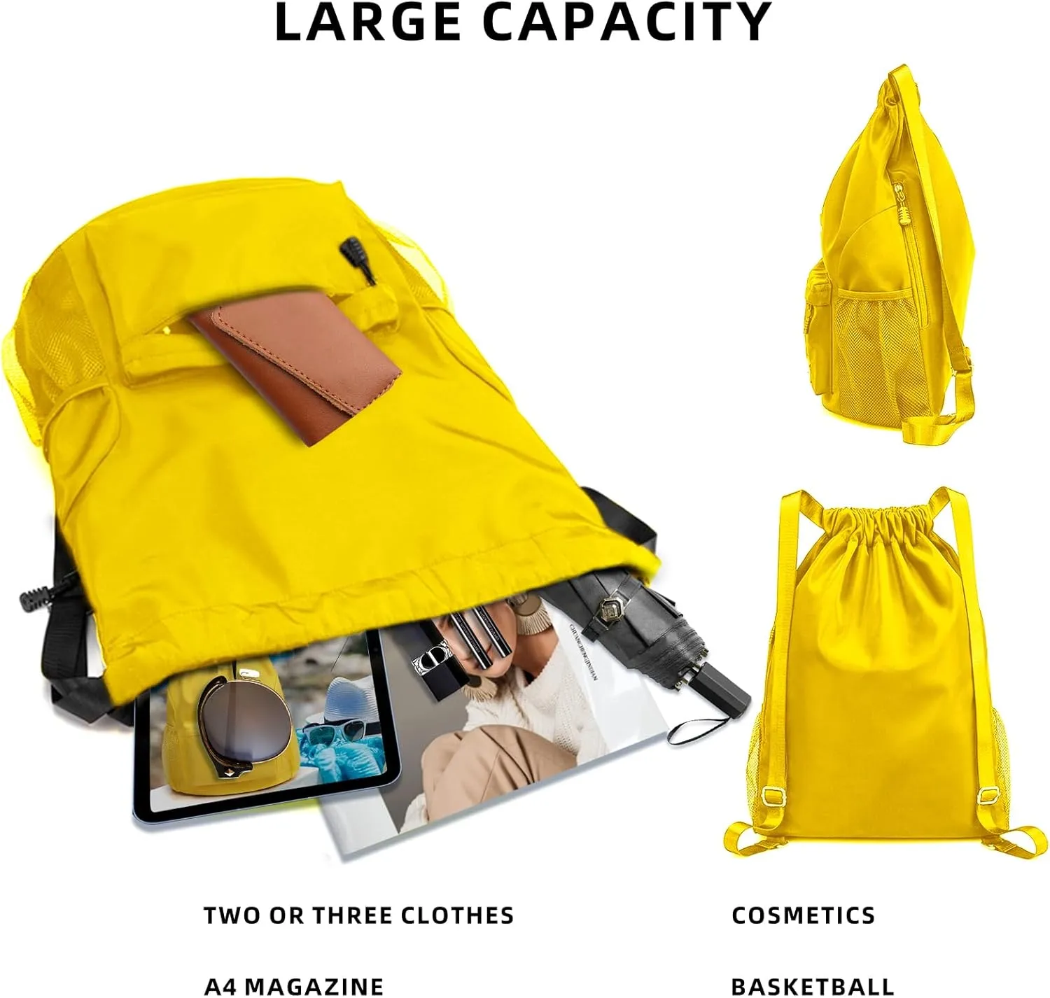 Sports Drawstring Backpack String Swimming Gym Bag Backpack with Shoes Compartment and Pocket for Men Women (Yellow-Small)