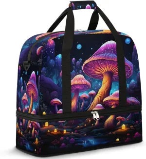 Sports Duffel Bag, Foldable Fantasy Mushroom Travel Duffel Bag, Gym Yoga Beach Bag Weekender Overnight Bag with Shoes Compartment for Men Women, Vintage Mushroom