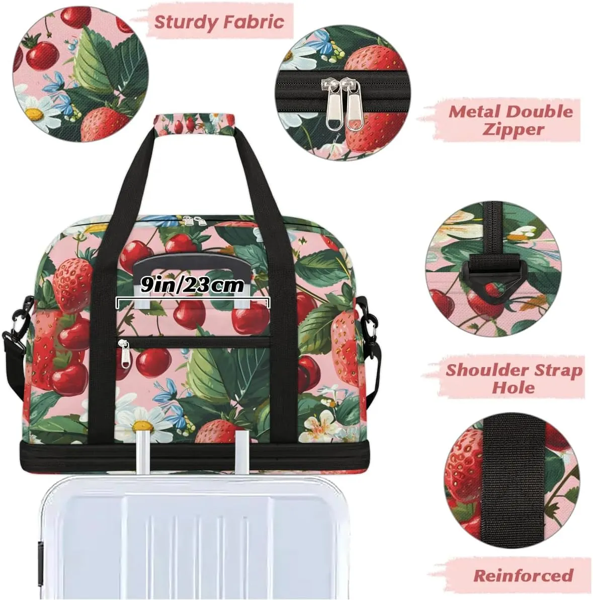 Sports Duffel Bag, Foldable Strawberry Pears Travel Duffel Bag, Gym Yoga Beach Bag Weekender Overnight Bag with Shoes Compartment for Men Women, Fresh Strawberry