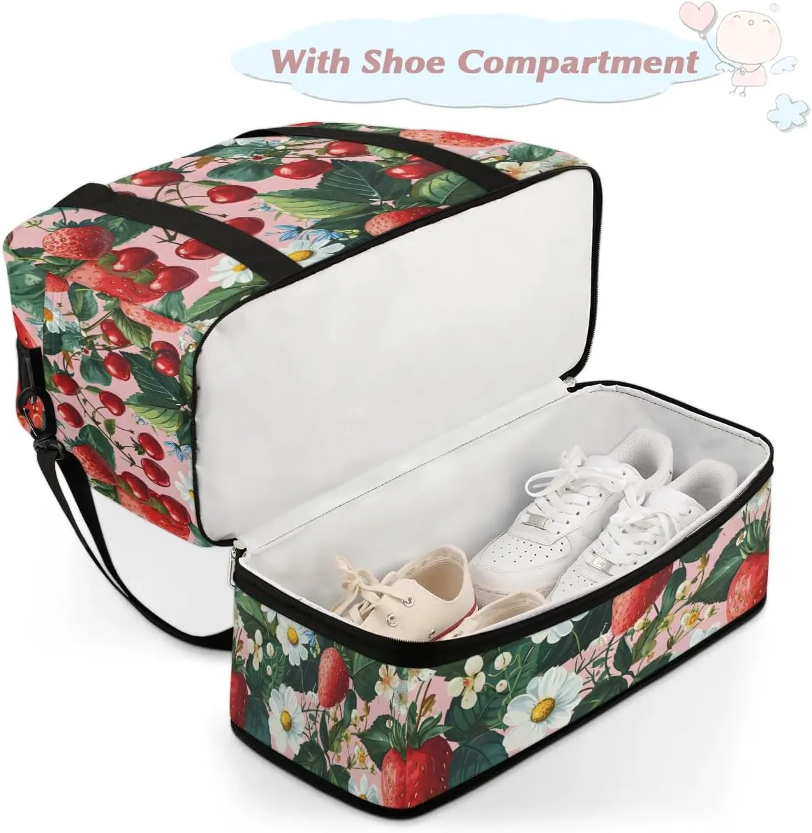 Sports Duffel Bag, Foldable Strawberry Pears Travel Duffel Bag, Gym Yoga Beach Bag Weekender Overnight Bag with Shoes Compartment for Men Women, Fresh Strawberry