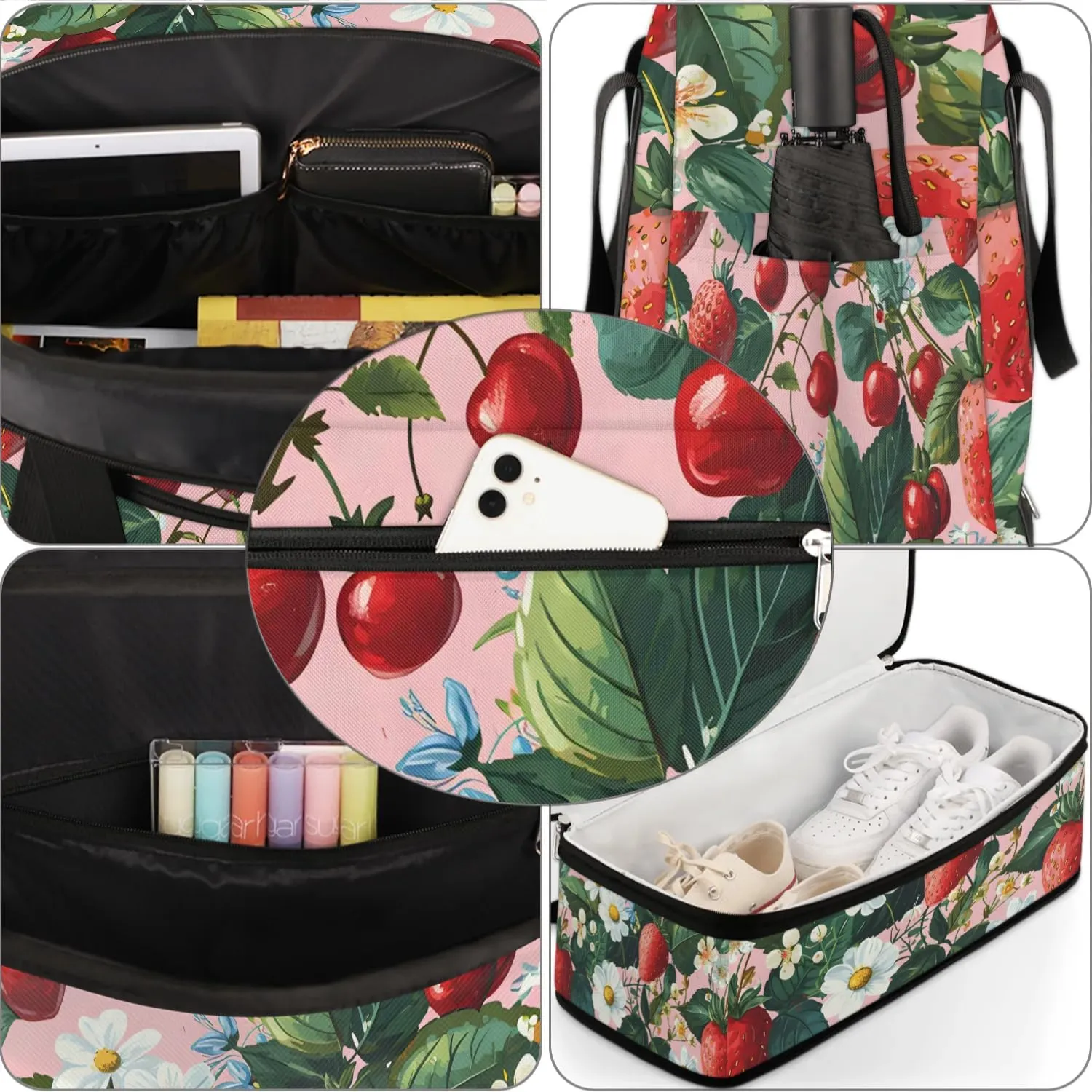 Sports Duffel Bag, Foldable Strawberry Pears Travel Duffel Bag, Gym Yoga Beach Bag Weekender Overnight Bag with Shoes Compartment for Men Women, Fresh Strawberry