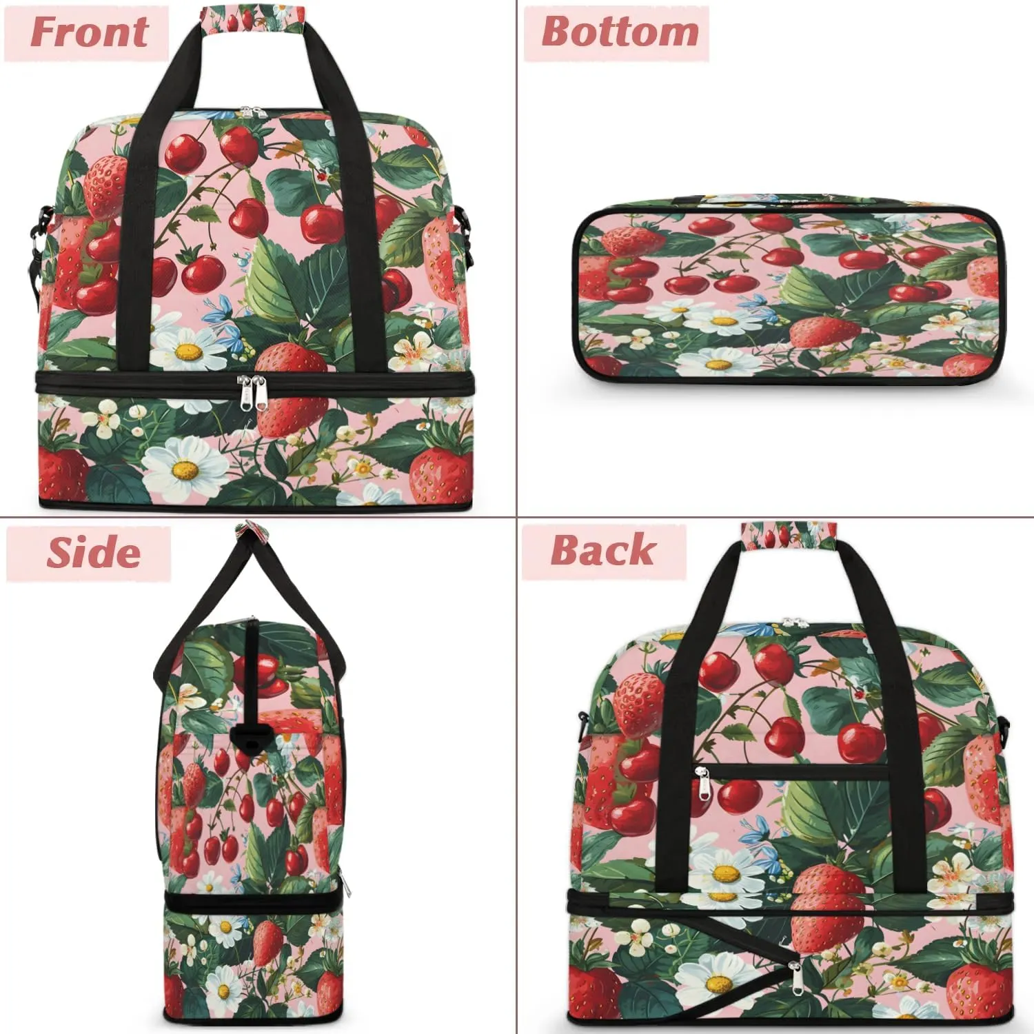 Sports Duffel Bag, Foldable Strawberry Pears Travel Duffel Bag, Gym Yoga Beach Bag Weekender Overnight Bag with Shoes Compartment for Men Women, Fresh Strawberry