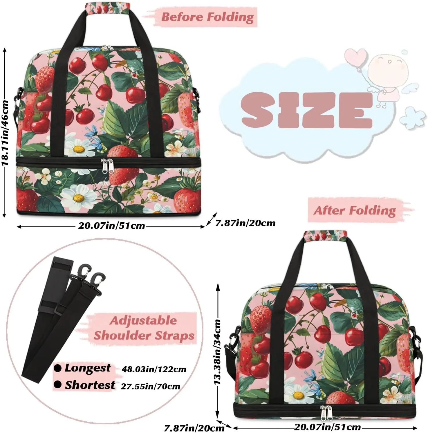 Sports Duffel Bag, Foldable Strawberry Pears Travel Duffel Bag, Gym Yoga Beach Bag Weekender Overnight Bag with Shoes Compartment for Men Women, Fresh Strawberry
