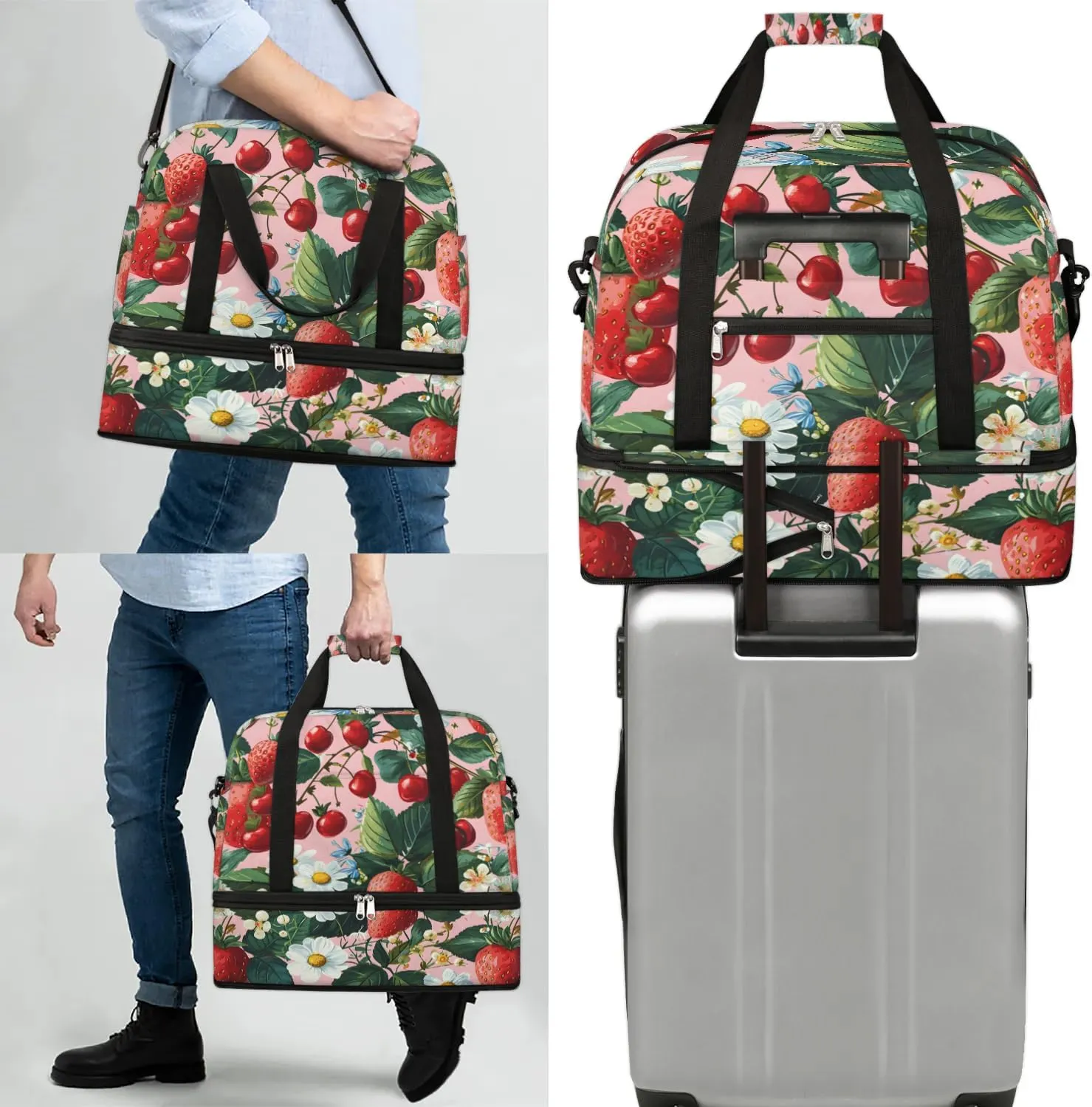 Sports Duffel Bag, Foldable Strawberry Pears Travel Duffel Bag, Gym Yoga Beach Bag Weekender Overnight Bag with Shoes Compartment for Men Women, Fresh Strawberry
