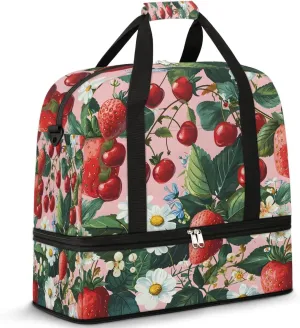 Sports Duffel Bag, Foldable Strawberry Pears Travel Duffel Bag, Gym Yoga Beach Bag Weekender Overnight Bag with Shoes Compartment for Men Women, Fresh Strawberry