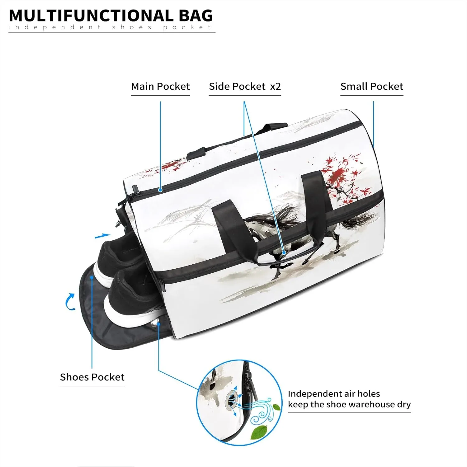 Sports Gym Bag for Women, Sport Duffle Workout Bags with Shoe Compartment, Small Womens Gym Bags, Chinese Painting Horse - 5