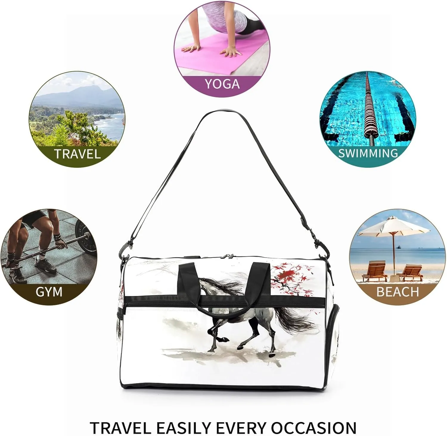 Sports Gym Bag for Women, Sport Duffle Workout Bags with Shoe Compartment, Small Womens Gym Bags, Chinese Painting Horse - 5