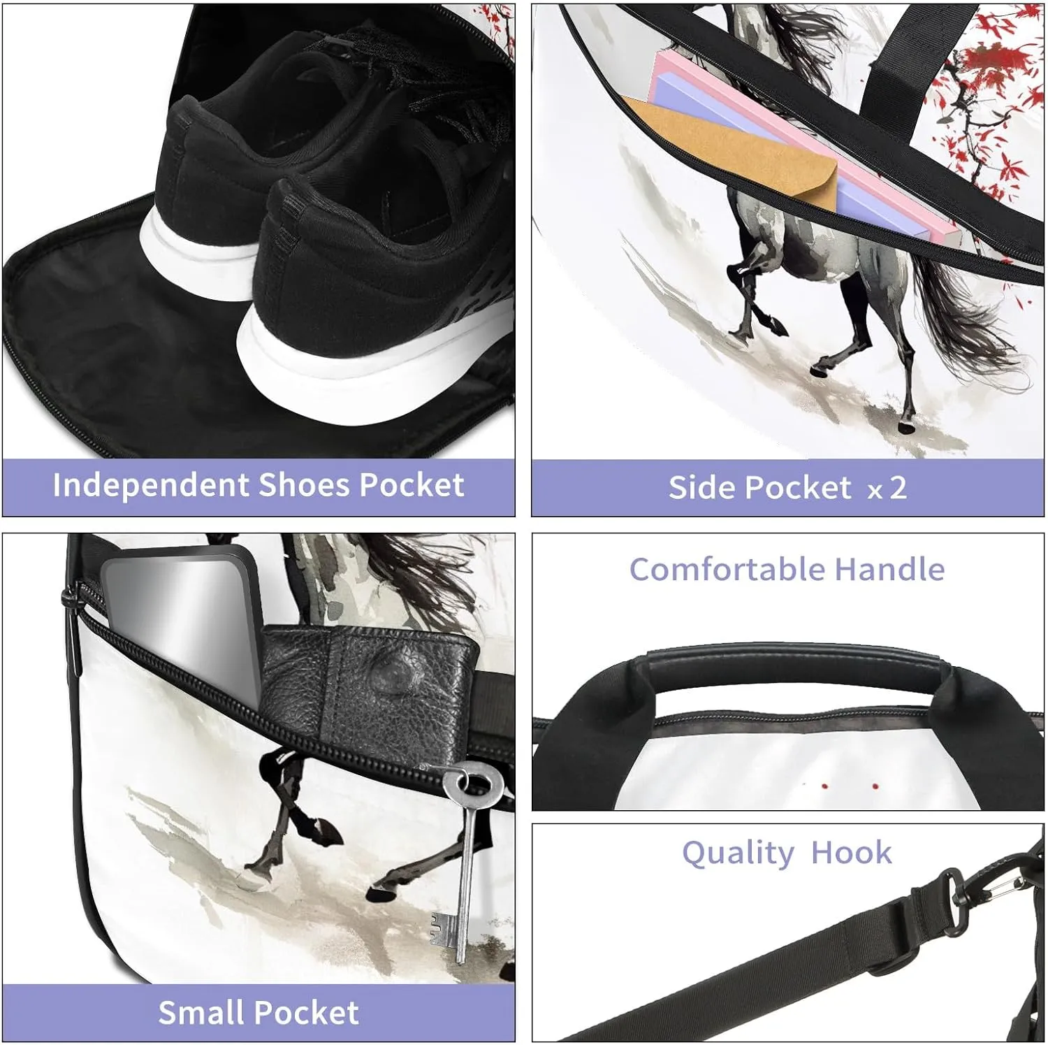 Sports Gym Bag for Women, Sport Duffle Workout Bags with Shoe Compartment, Small Womens Gym Bags, Chinese Painting Horse - 5