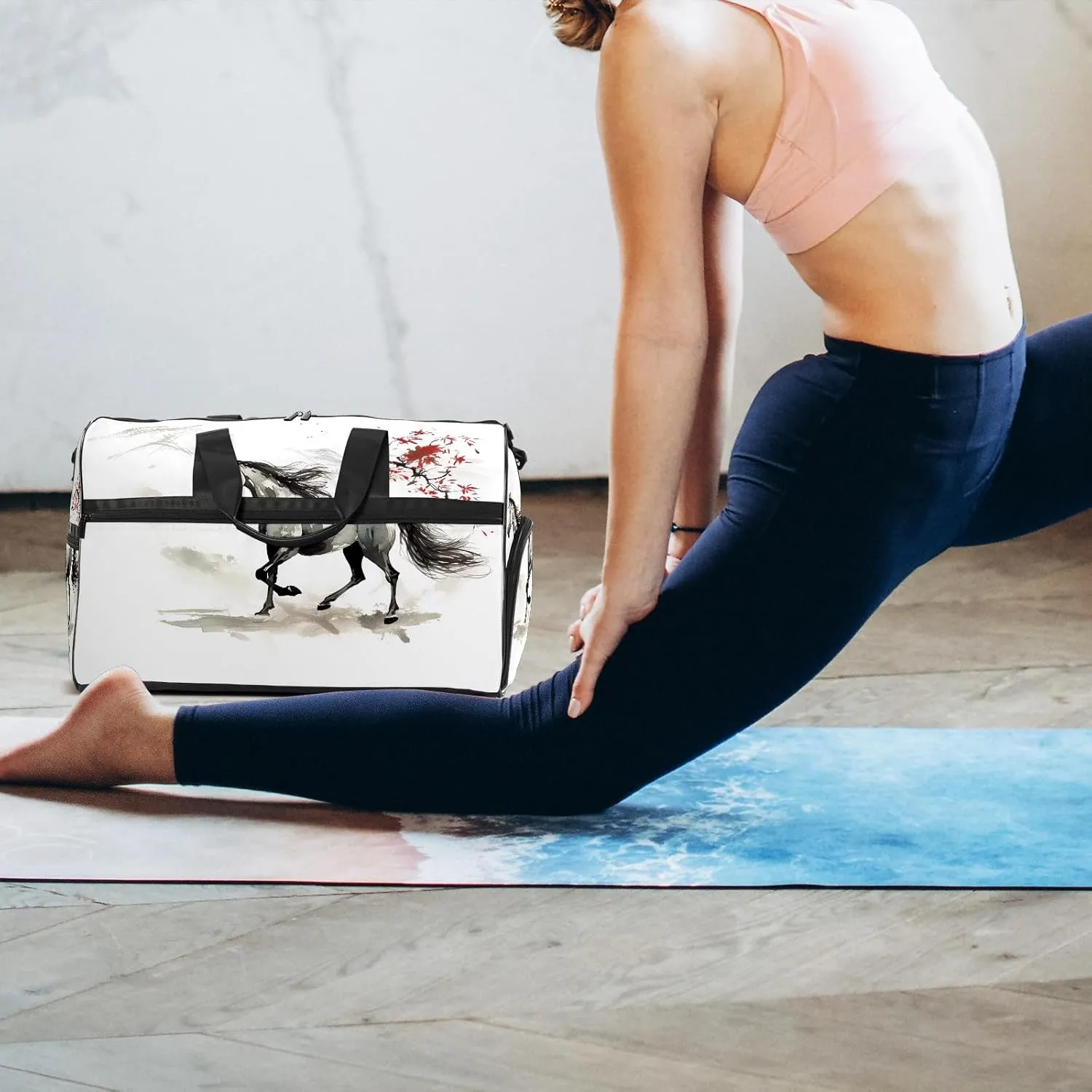 Sports Gym Bag for Women, Sport Duffle Workout Bags with Shoe Compartment, Small Womens Gym Bags, Chinese Painting Horse - 5