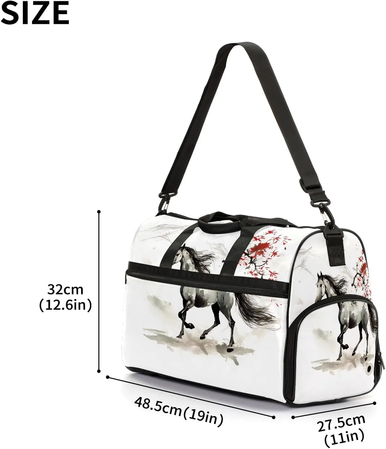 Sports Gym Bag for Women, Sport Duffle Workout Bags with Shoe Compartment, Small Womens Gym Bags, Chinese Painting Horse - 5