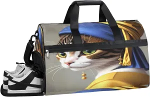 Sports Gym Bag Women Men with Wet Pocket & Shoes Compartment, Cat Pear Earring Travel Duffel Bag, Workout Dance Bag Tote Bags, Carry On Weekender