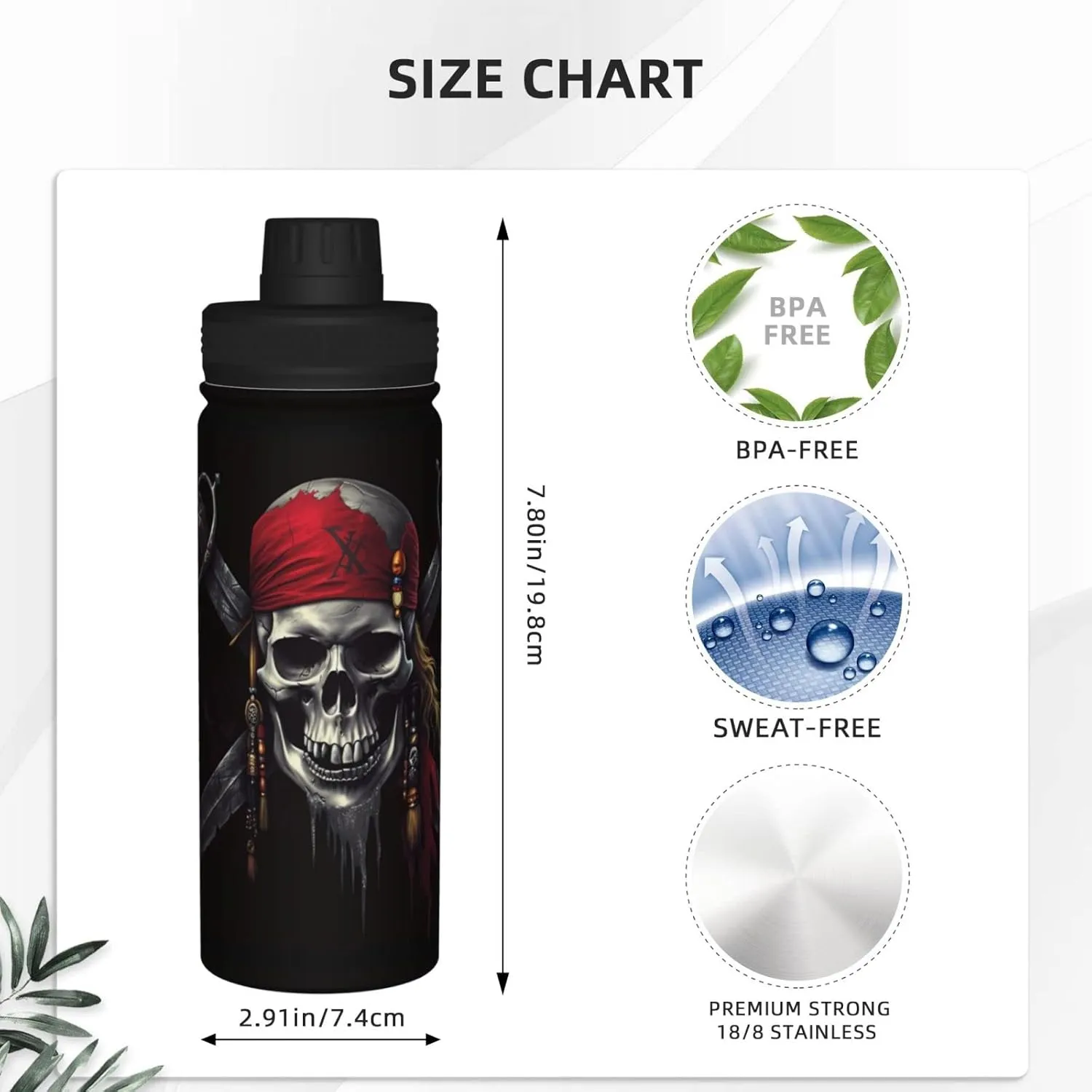 Sports Water Bottle Pirates Skull Flag Insulated Stainless Steel Water Bottles, 18 oz Water Cup Flask for Fitness Outdoor Sports Hiking Cycling