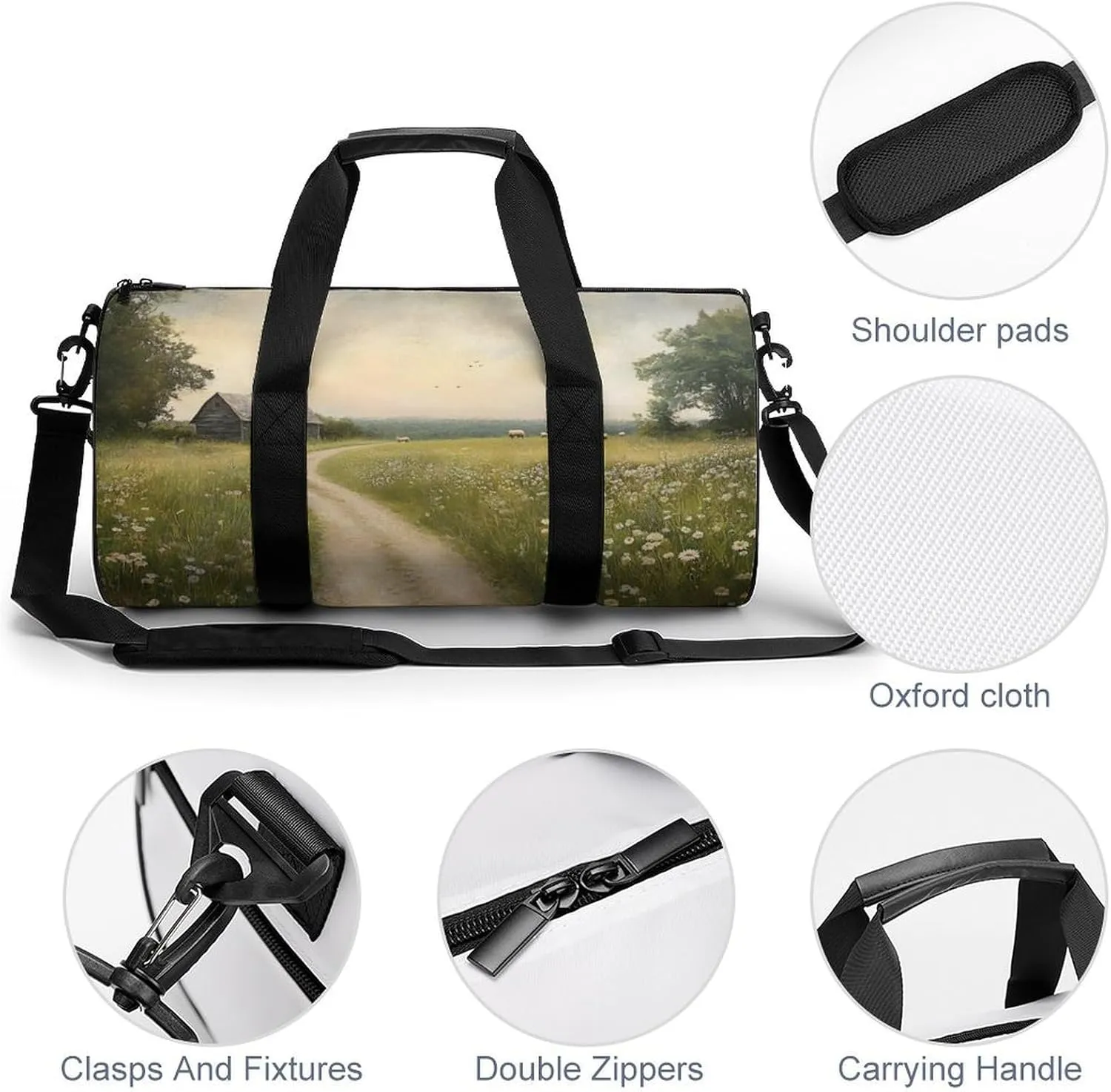 Spring Meadow Dirt Path Flowers Landscape Travel Gym Bag for Women Men Cylindrical Duffle Bag Sport Workout Bag with Shoulder Strap