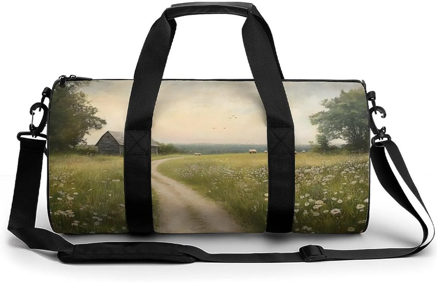 Spring Meadow Dirt Path Flowers Landscape Travel Gym Bag for Women Men Cylindrical Duffle Bag Sport Workout Bag with Shoulder Strap