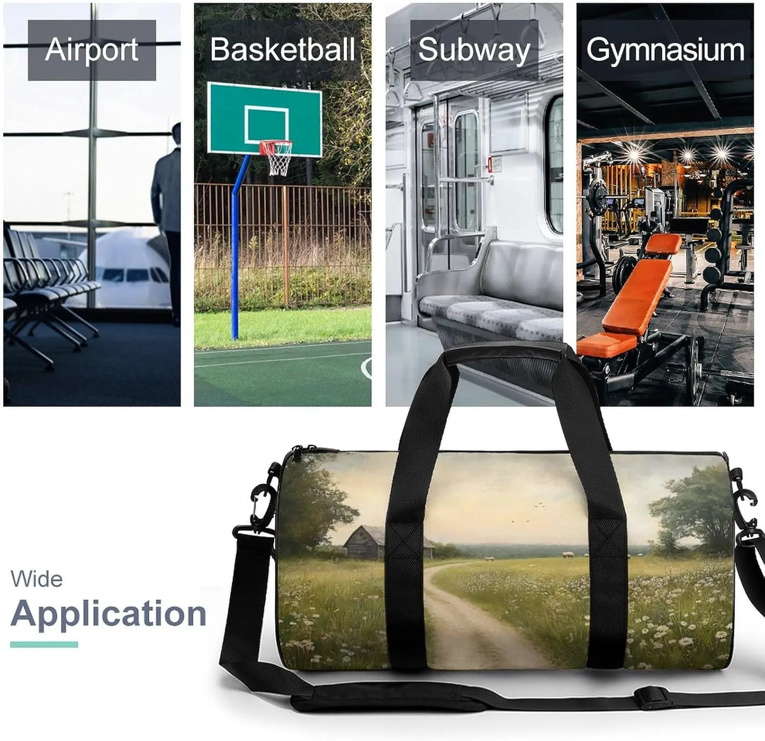 Spring Meadow Dirt Path Flowers Landscape Travel Gym Bag for Women Men Cylindrical Duffle Bag Sport Workout Bag with Shoulder Strap