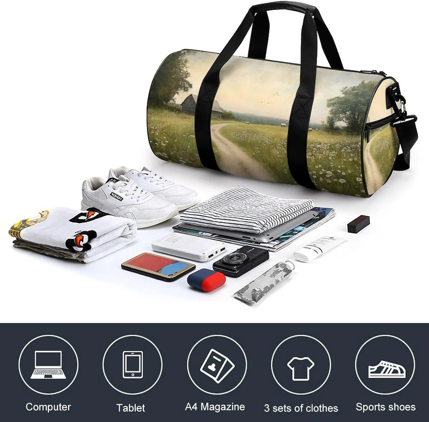Spring Meadow Dirt Path Flowers Landscape Travel Gym Bag for Women Men Cylindrical Duffle Bag Sport Workout Bag with Shoulder Strap
