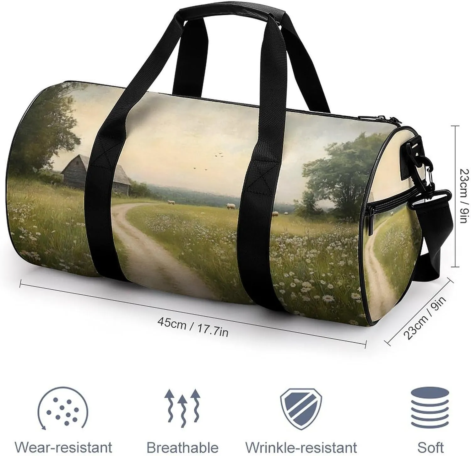 Spring Meadow Dirt Path Flowers Landscape Travel Gym Bag for Women Men Cylindrical Duffle Bag Sport Workout Bag with Shoulder Strap