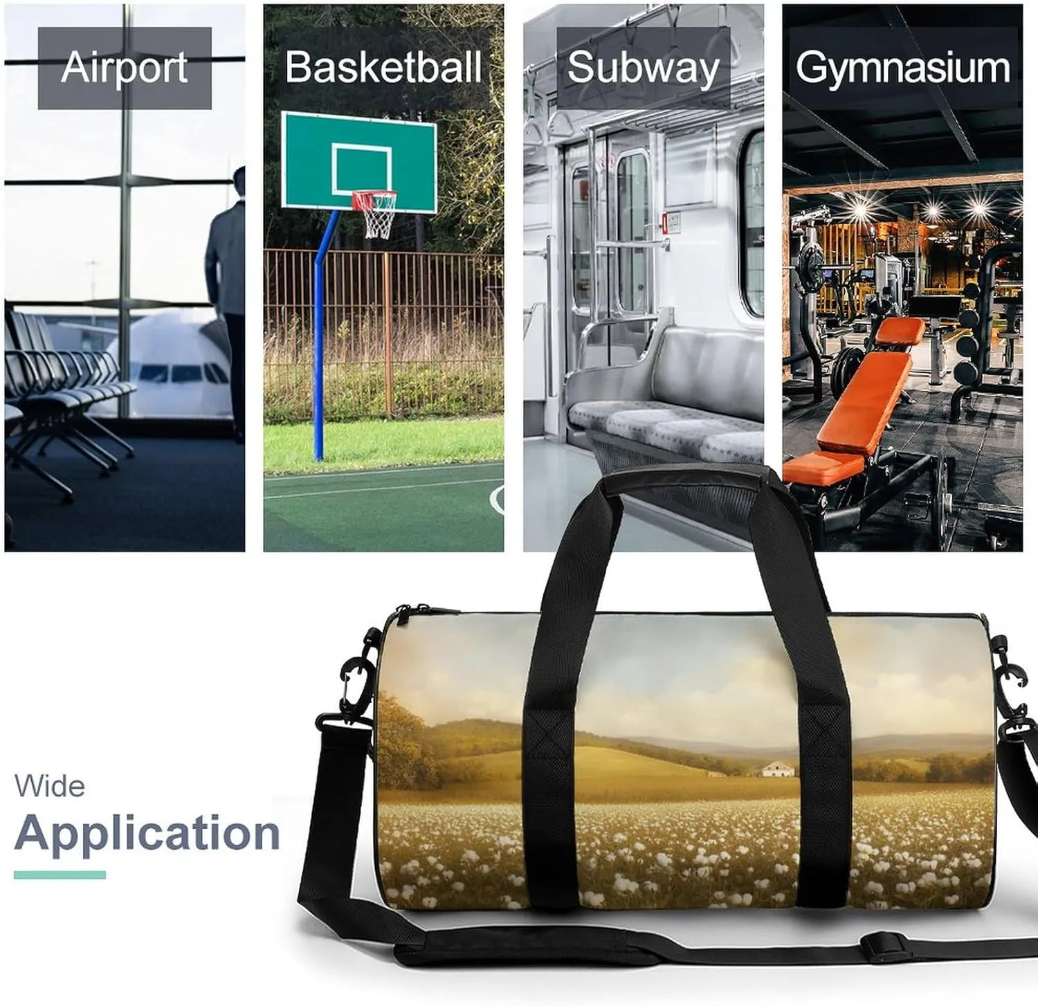 Spring Meadow with Cotton Fields Farmhouse Landscape Travel Gym Bag for Women Men Cylindrical Duffle Bag Sport Workout Bag with Shoulder Strap