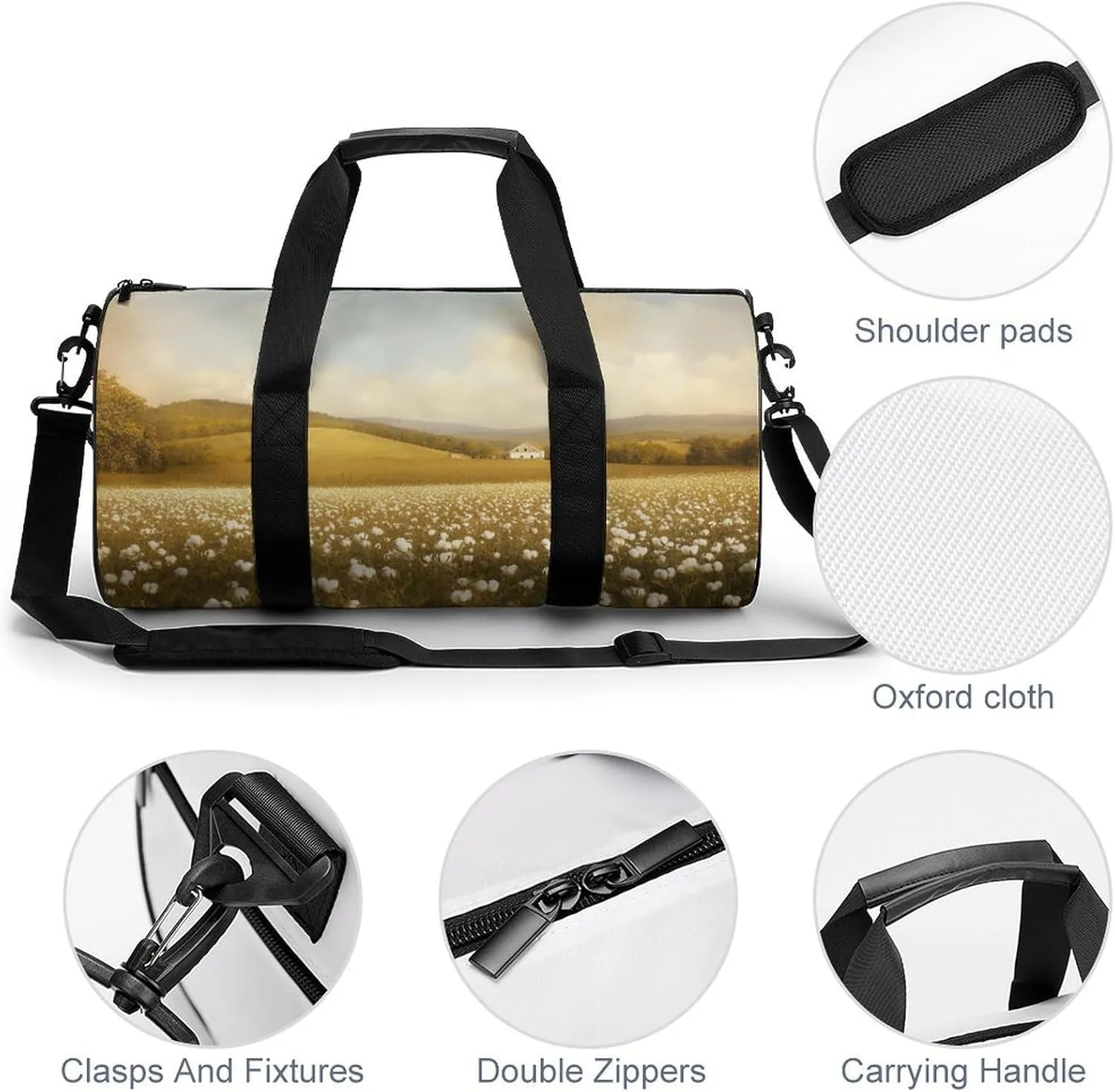 Spring Meadow with Cotton Fields Farmhouse Landscape Travel Gym Bag for Women Men Cylindrical Duffle Bag Sport Workout Bag with Shoulder Strap