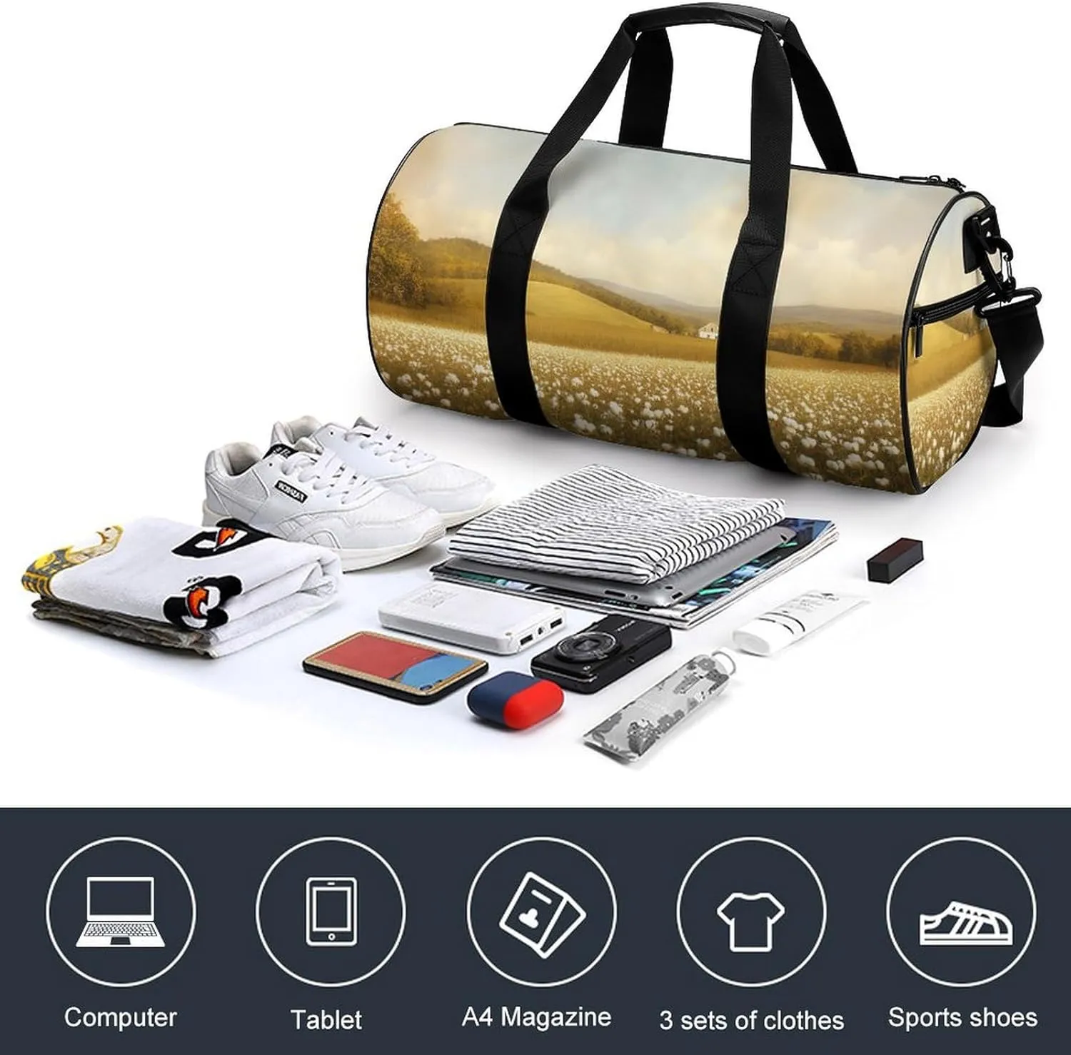 Spring Meadow with Cotton Fields Farmhouse Landscape Travel Gym Bag for Women Men Cylindrical Duffle Bag Sport Workout Bag with Shoulder Strap