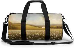 Spring Meadow with Cotton Fields Farmhouse Landscape Travel Gym Bag for Women Men Cylindrical Duffle Bag Sport Workout Bag with Shoulder Strap