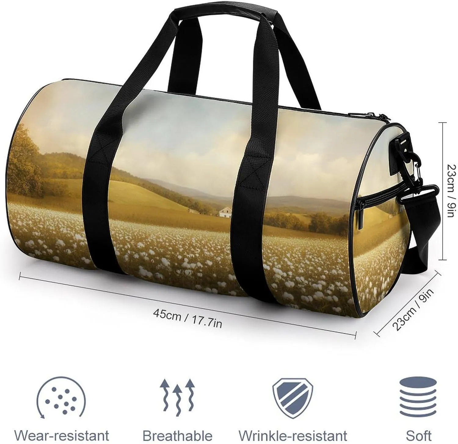 Spring Meadow with Cotton Fields Farmhouse Landscape Travel Gym Bag for Women Men Cylindrical Duffle Bag Sport Workout Bag with Shoulder Strap