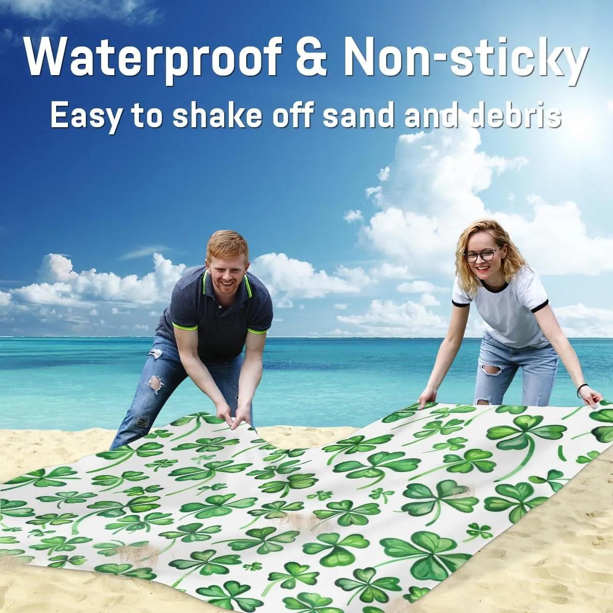 St Patrick's Day Beach Blanket, Sandproof Beach Mat, Adults Waterproof Quick Drying Sand Free Mat with 4 x Ground Spikes for Outdoor Travel Camping Hiking, Shamrocks Leaves