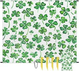 St Patrick's Day Beach Blanket, Sandproof Beach Mat, Adults Waterproof Quick Drying Sand Free Mat with 4 x Ground Spikes for Outdoor Travel Camping Hiking, Shamrocks Leaves