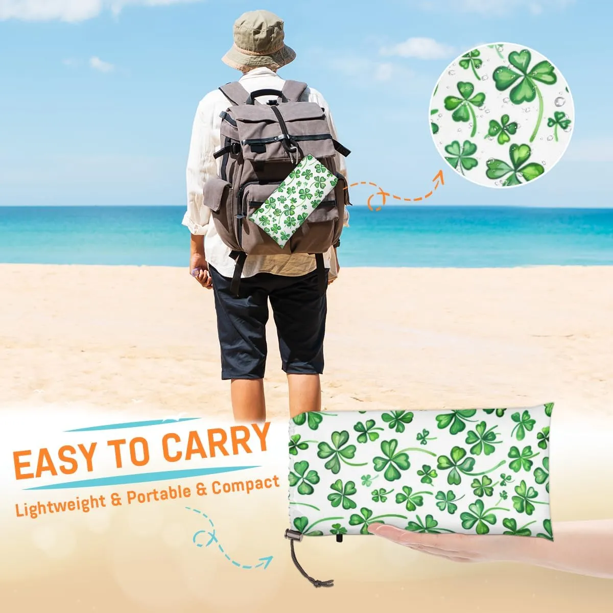 St Patrick's Day Beach Blanket, Sandproof Beach Mat, Adults Waterproof Quick Drying Sand Free Mat with 4 x Ground Spikes for Outdoor Travel Camping Hiking, Shamrocks Leaves