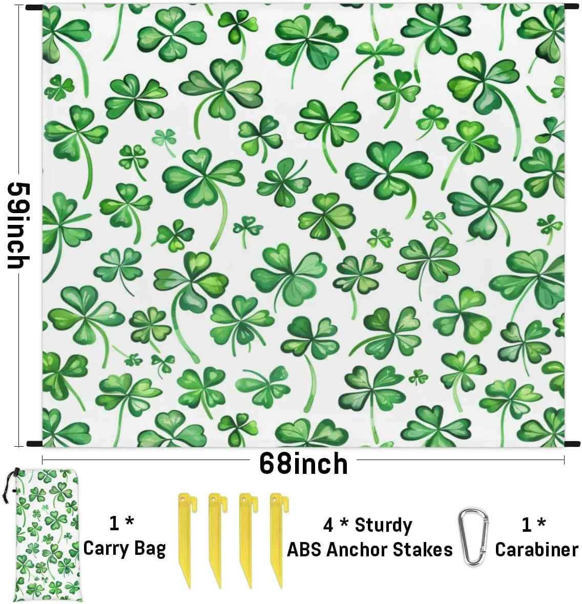 St Patrick's Day Beach Blanket, Sandproof Beach Mat, Adults Waterproof Quick Drying Sand Free Mat with 4 x Ground Spikes for Outdoor Travel Camping Hiking, Shamrocks Leaves