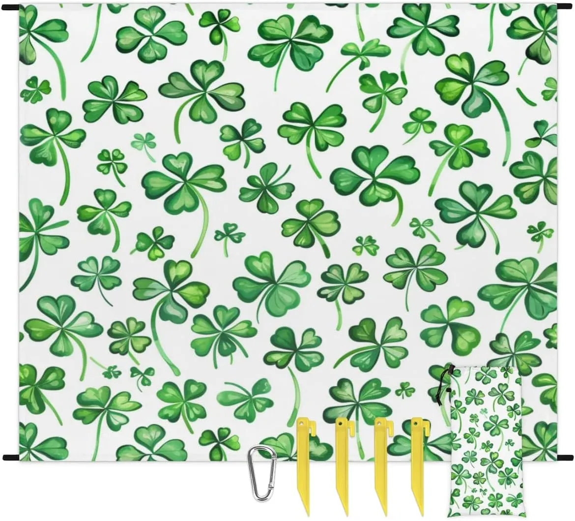 St Patrick's Day Beach Blanket, Sandproof Beach Mat, Adults Waterproof Quick Drying Sand Free Mat with 4 x Ground Spikes for Outdoor Travel Camping Hiking, Shamrocks Leaves