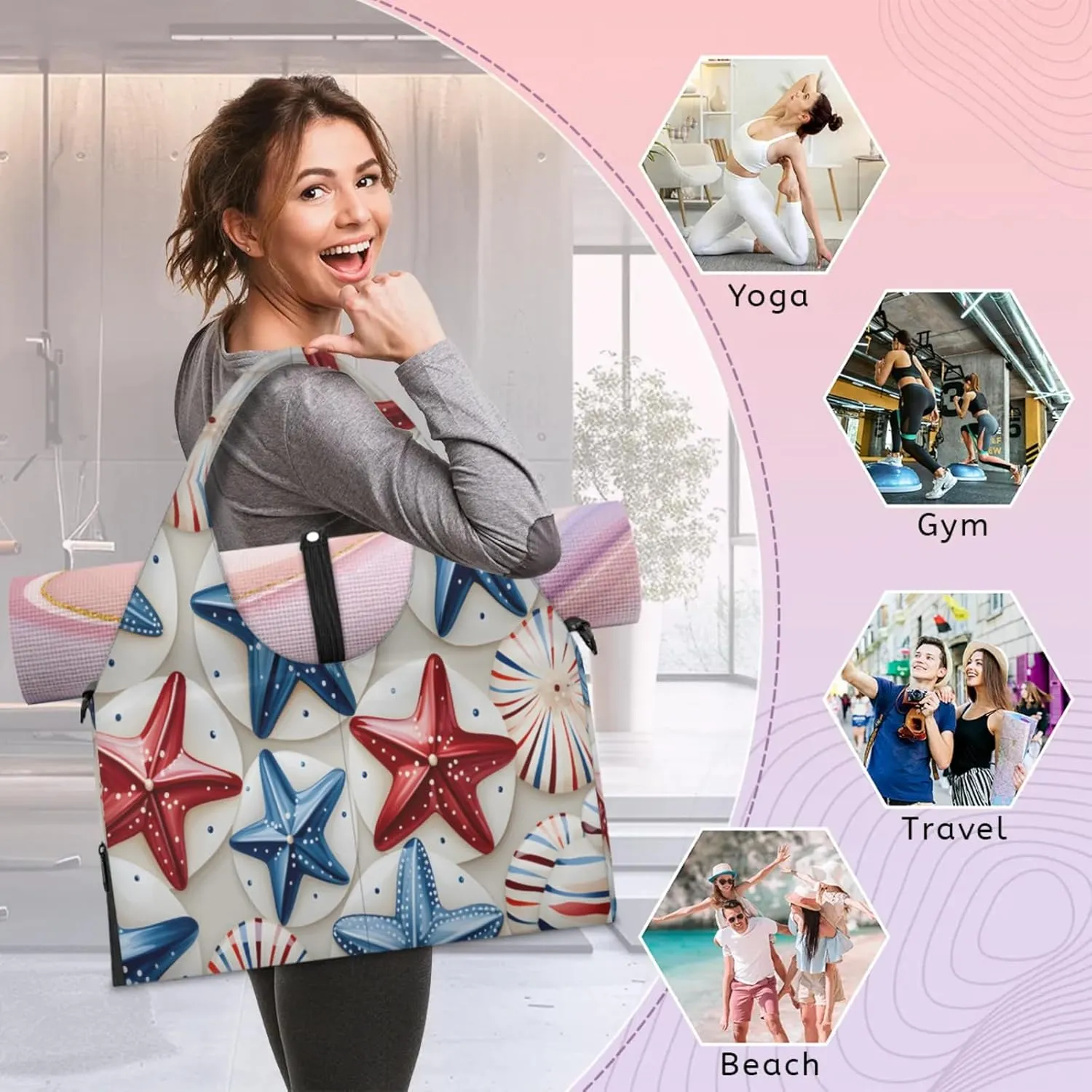 Starfish Disc Pattern Waterproof Gym Bag for Men Women, Sports Duffel Bag with Shoe Compartment Yoga Mat Holder, Portable Large Travel Bag for Fitness, Camping, Weekend Trips