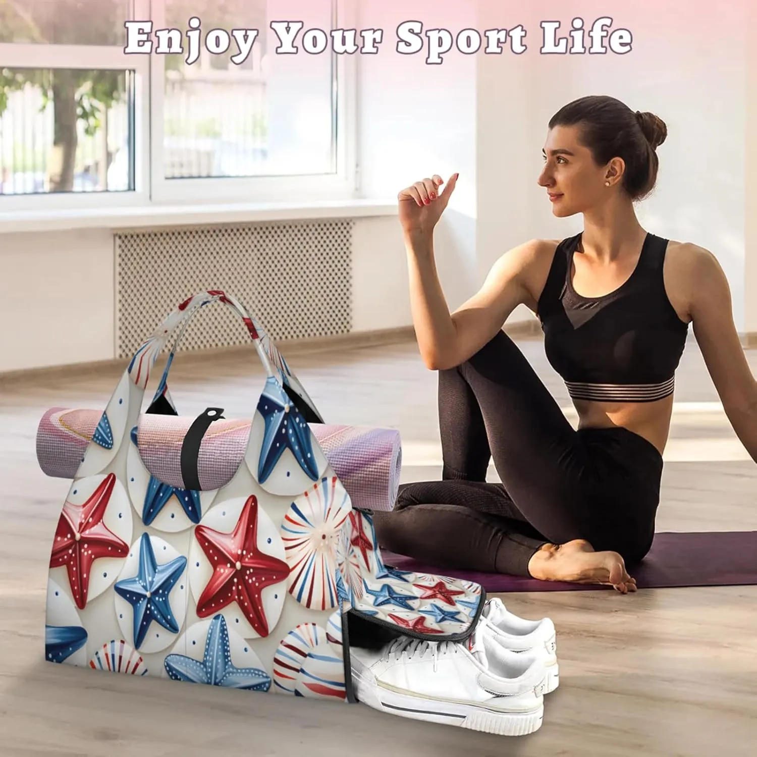 Starfish Disc Pattern Waterproof Gym Bag for Men Women, Sports Duffel Bag with Shoe Compartment Yoga Mat Holder, Portable Large Travel Bag for Fitness, Camping, Weekend Trips