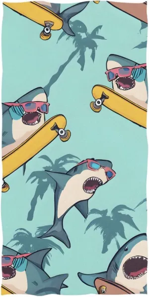 SUABO Oversized Beach Towel Skateboarding Shark Pattern Beach Blanket,Quick-Drying and Lightweight Bath Towels,Pool Camping Soft Towels Travel Essentials,71x32 inch