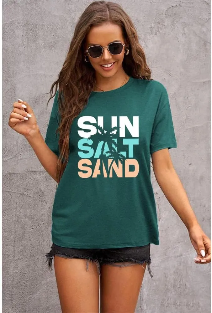 Summer Beach Graphic Tees for Women Sun Salt Sand Shirts Palm Tree Sunset Casual Vacation Tops
