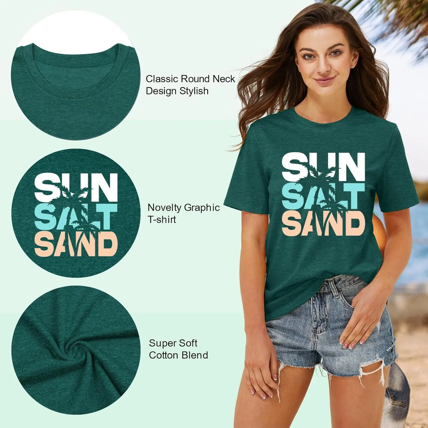 Summer Beach Graphic Tees for Women Sun Salt Sand Shirts Palm Tree Sunset Casual Vacation Tops