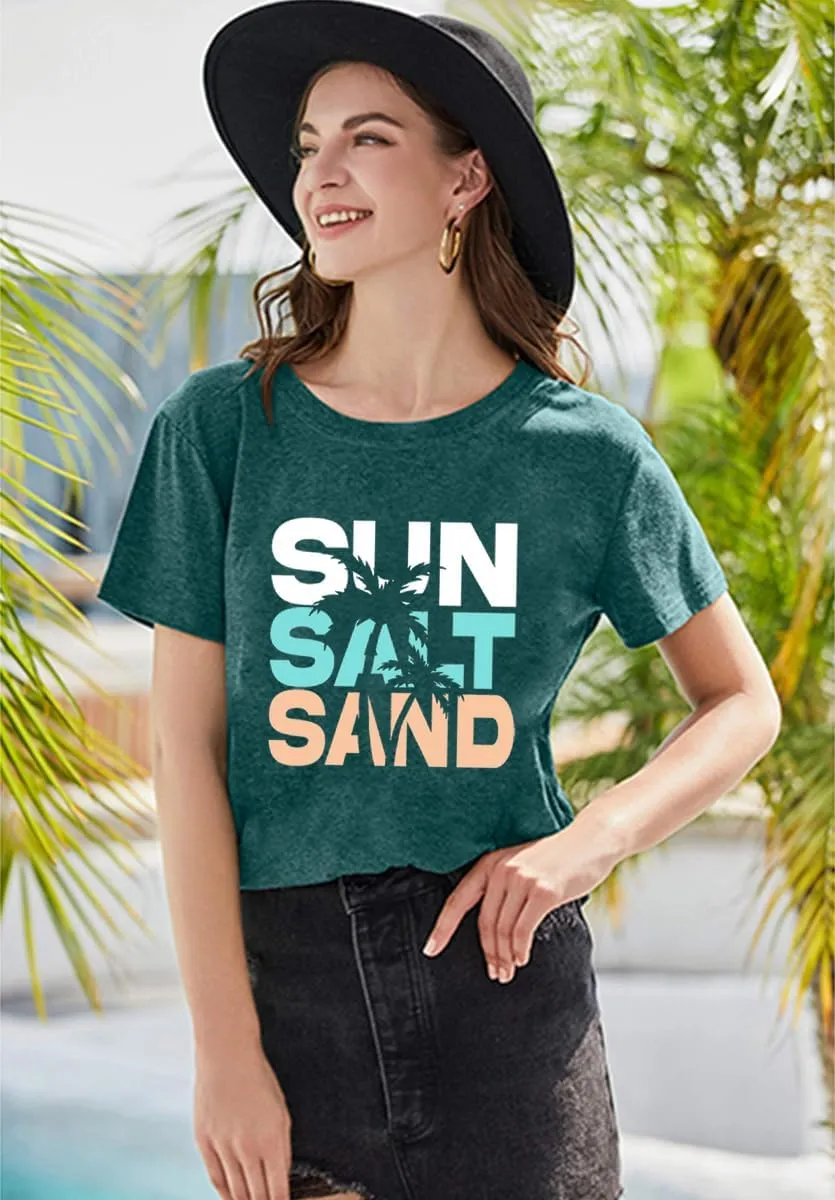 Summer Beach Graphic Tees for Women Sun Salt Sand Shirts Palm Tree Sunset Casual Vacation Tops